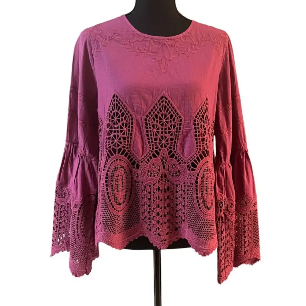 Anthropologie Bell-Sleeve Lace BOHO Pullover by Chloe Oliver Raspberry Sz S